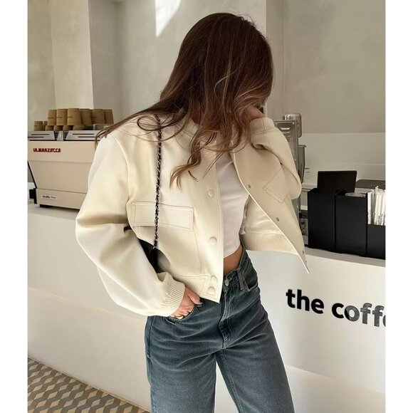 Womens Milky White Spring Varsity Bomber Jacket Cropped Button Down Casual Coat - Picture 3 of 8